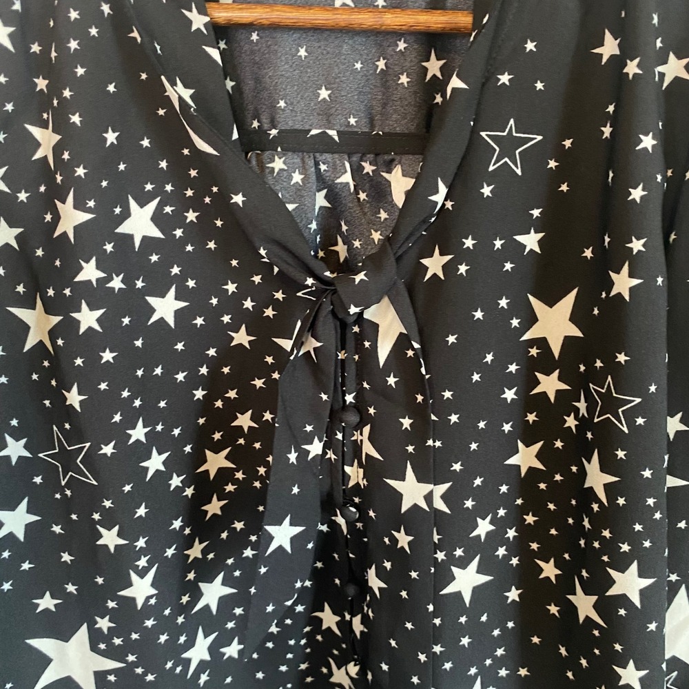 LOFT Womens Blouse Small Black White Star Print Tie Neck Long Sleeve Novelty - Picture 3 of 5
